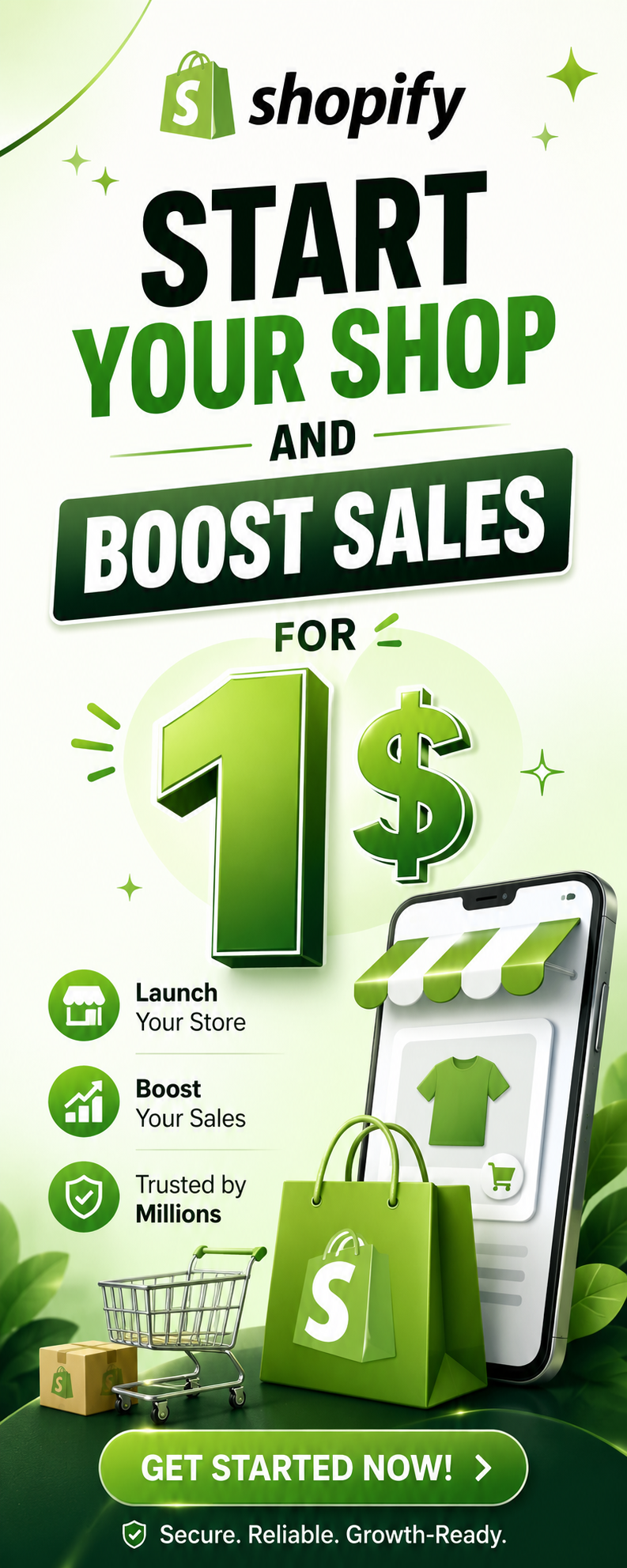 Start your Shopify store and boost sales for $1 — Launch your store, boost your sales, trusted by millions. Get started now.